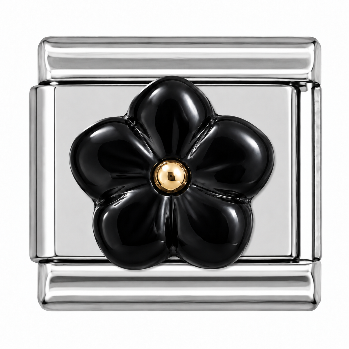 Black Flower with Gold Center Two-Tone Silver Italian Charm
