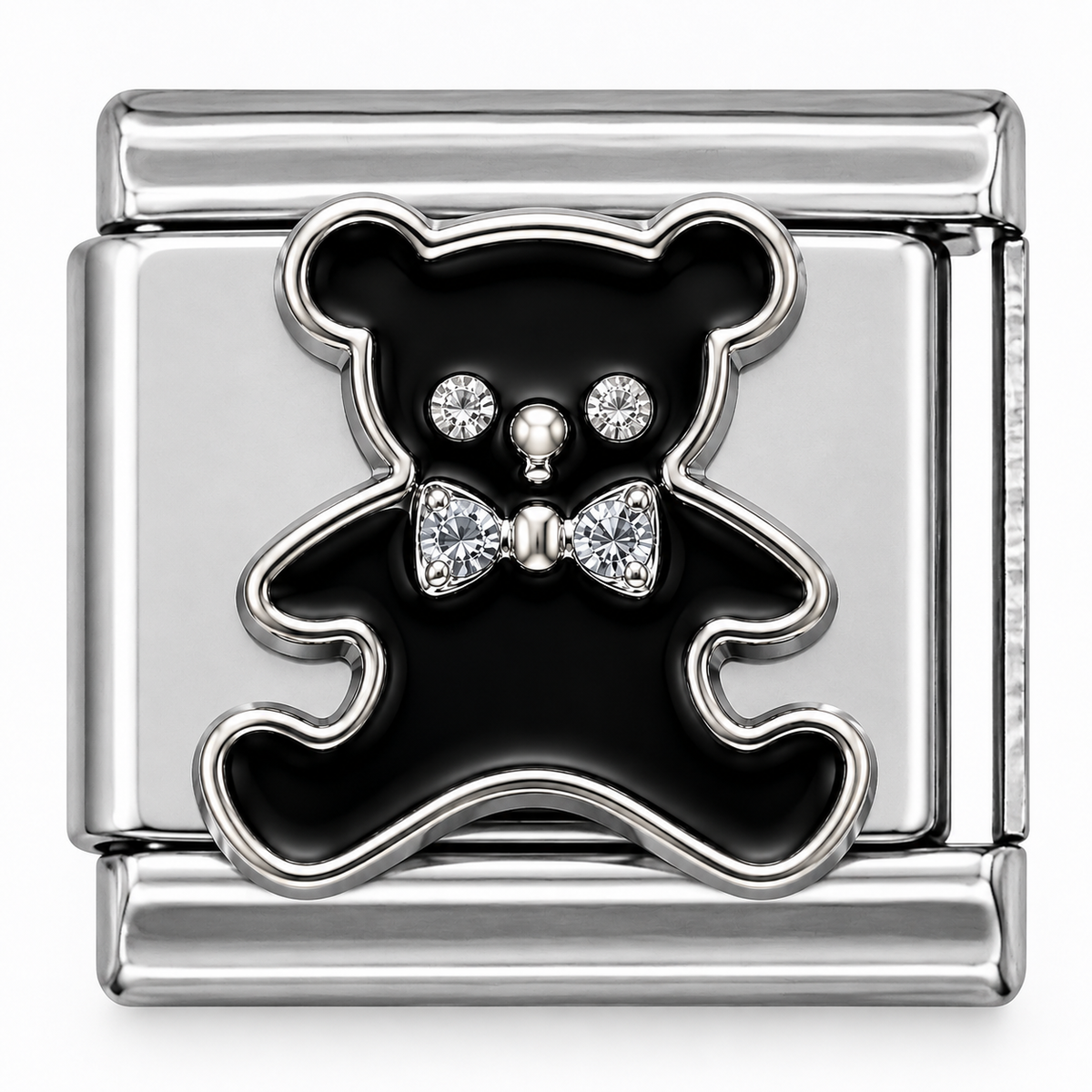 Black Teddy Bear Crystal Silver Italian Charm
