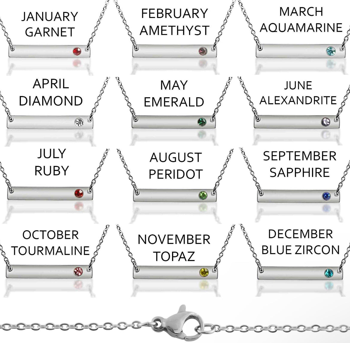 Silver Stainless Steel Bar Birthstone Necklace