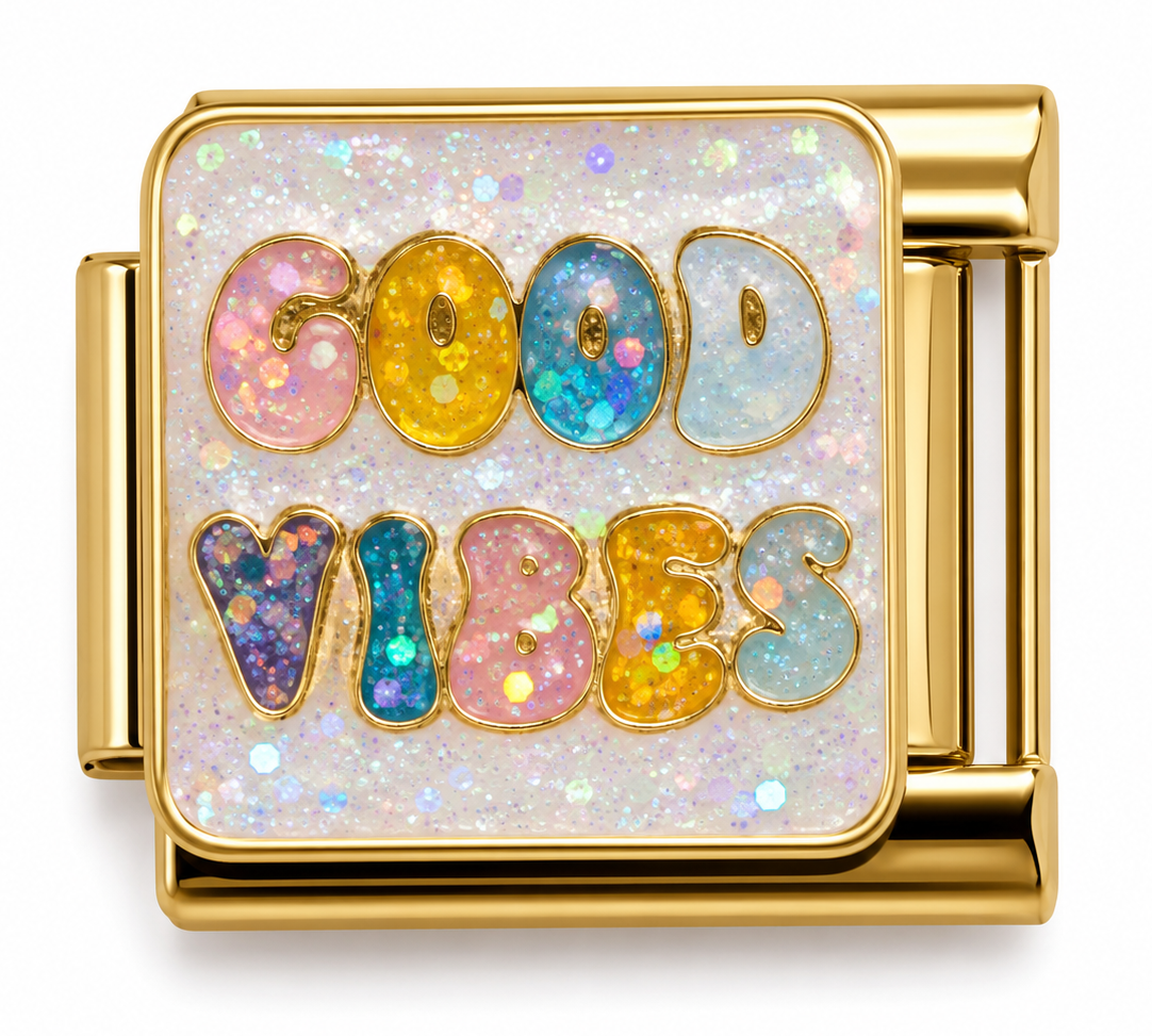 Good Vibes Glitter Gold Italian Charm