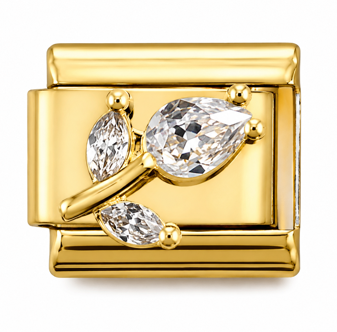 Triple Crystal Leaf Gold Italian Charm