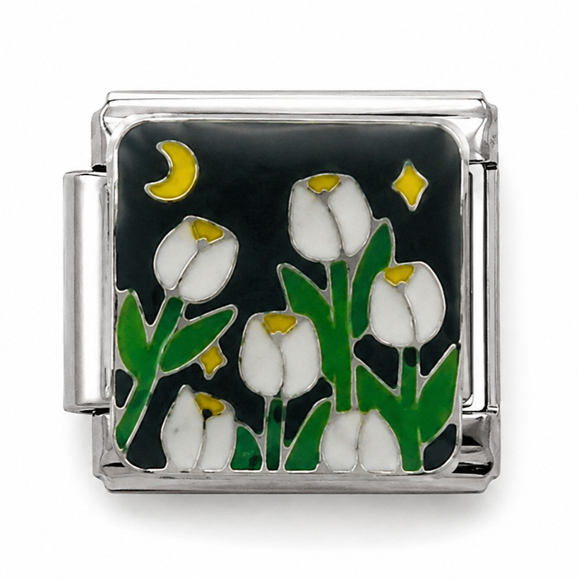 Moonlit White Tulip Garden Silver Italian Charm