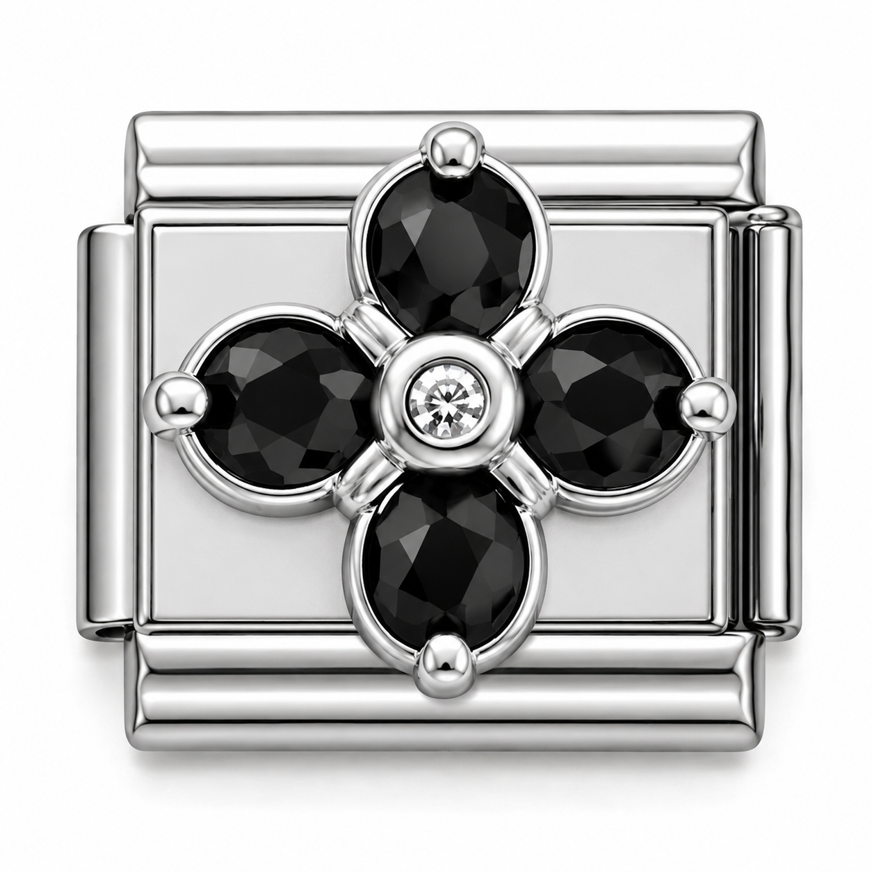 Black Crystal Flower Silver Italian Charm