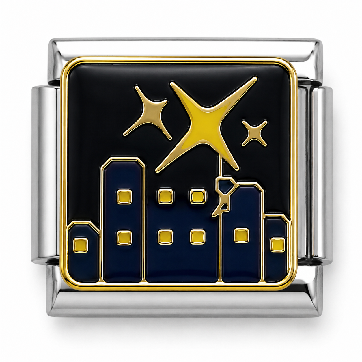 Night City Skyline and Golden Stars Two-Tone Silver Italian Charm