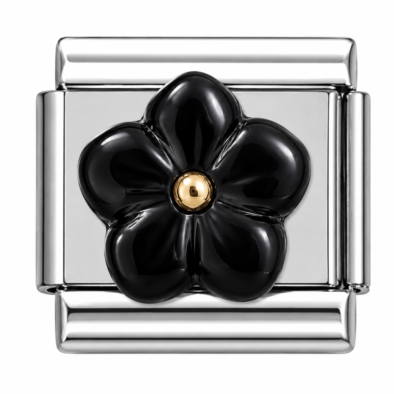Black Flower with Gold Center Two-Tone Silver Italian Charm
