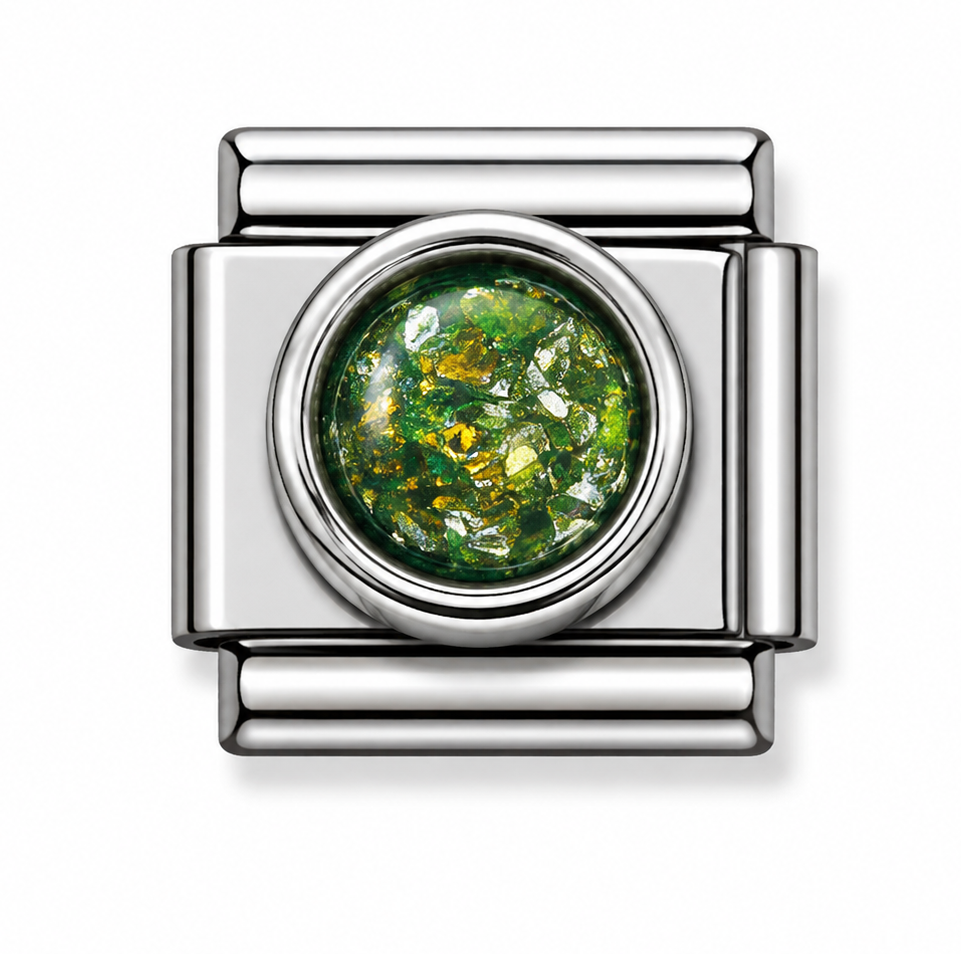 Green Iridescent Foil Round Silver Italian Charm