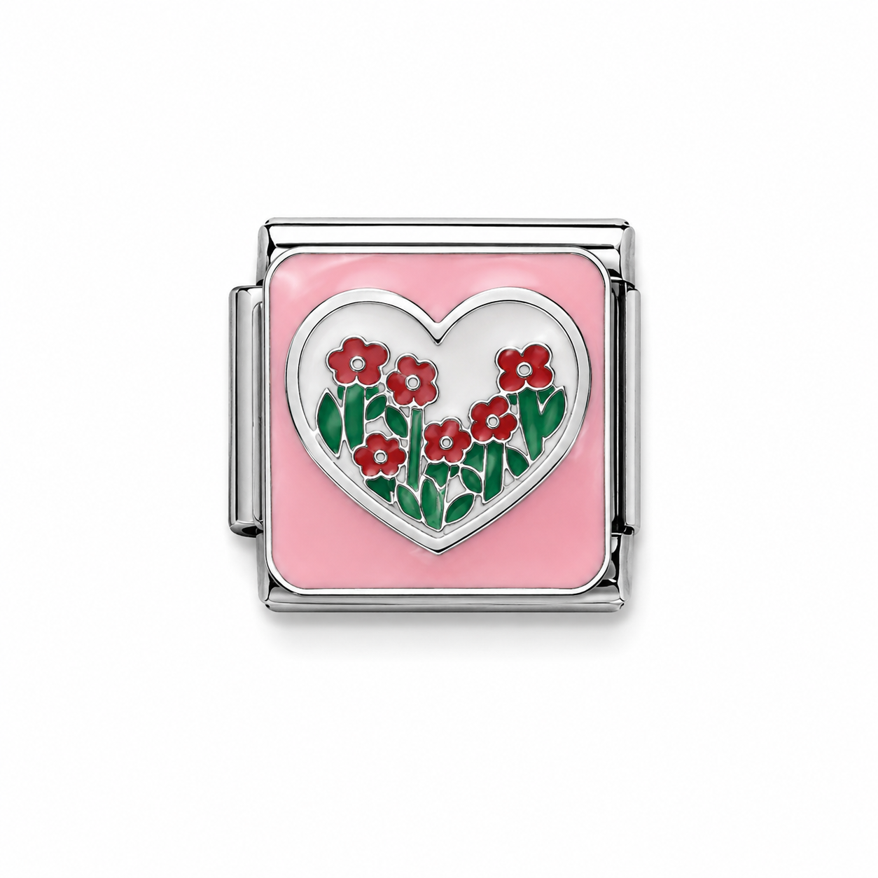 Red Floral Heart Silver Italian Charm