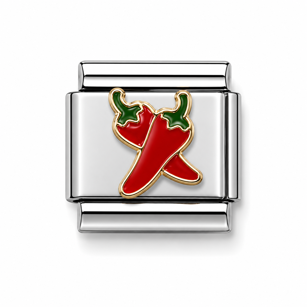 Crossed Red Chili Peppers Two Tone Silver Italian Charm