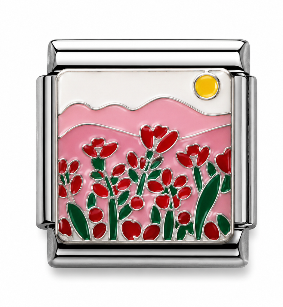 Red Wildflower Meadow Silver Italian Charm