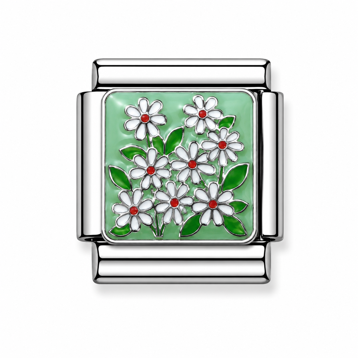 White Daisy Bouquet Mint Green Silver Italian Charm