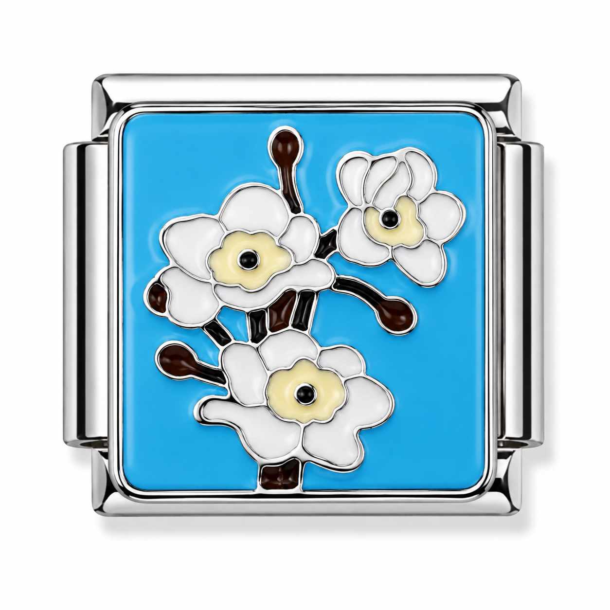 White Cherry Blossom Blue Silver Italian Charm