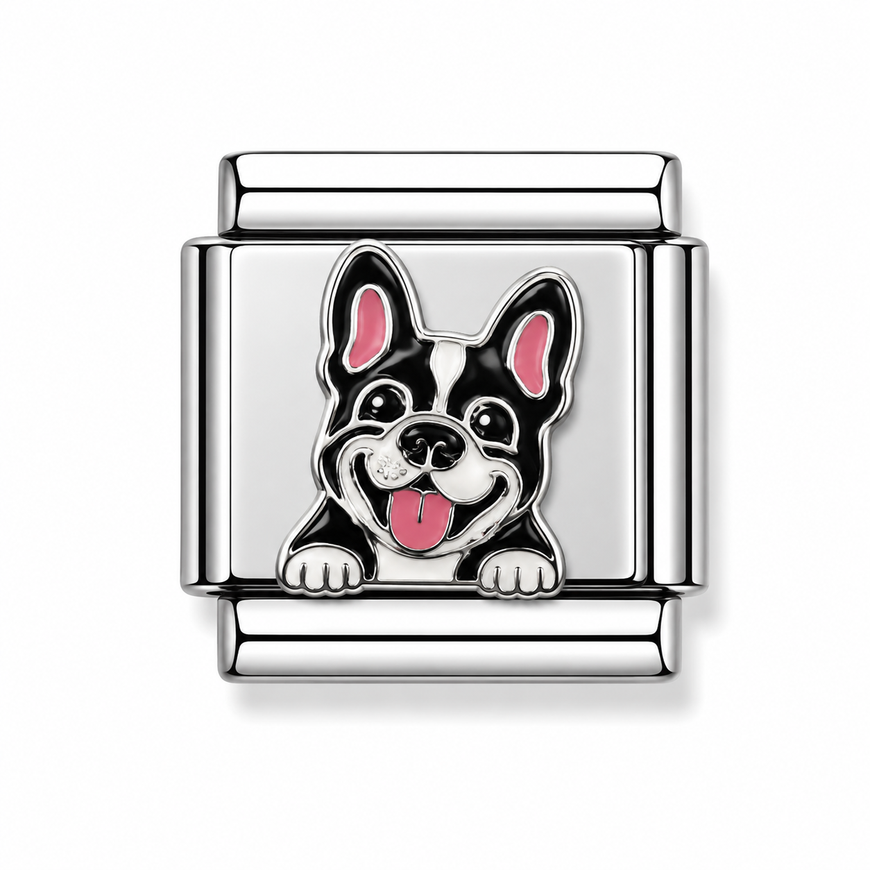 Black and White Boston Terrier Dog Face Silver Italian Charm