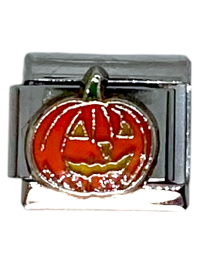 Orange Pumpkin Jack-O'-Lantern Silver Italian Charm