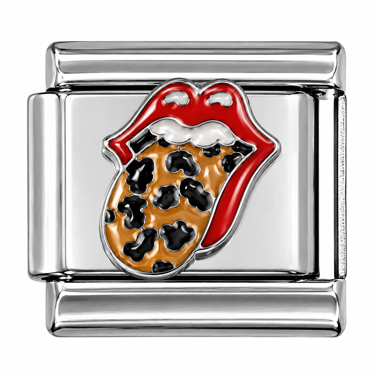 Red Lips Leopard Print Tongue Silver Italian Charm