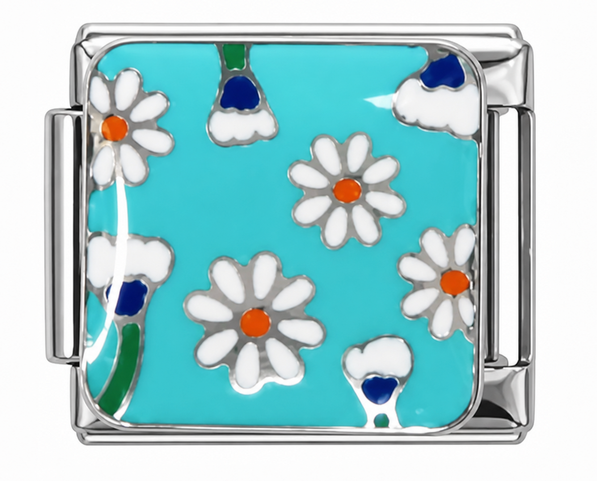 White Daisy Pattern Turquoise Silver Italian Charm