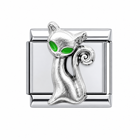 Silver Cat with Green Eyes Italian Charm