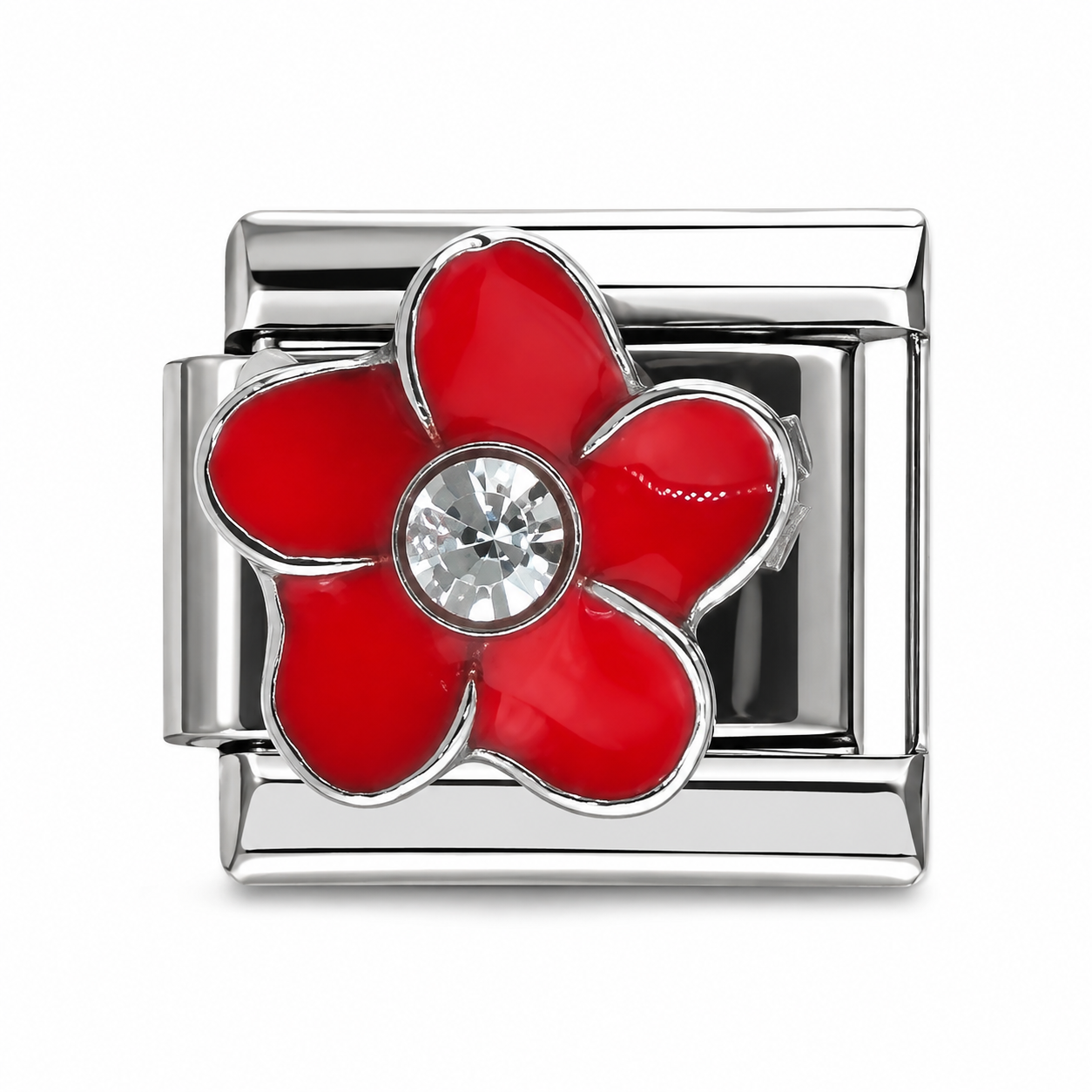 Red Flower with Gem Silver Italian Charm