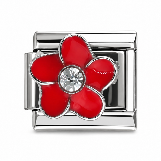 Red Flower with Gem Silver Italian Charm