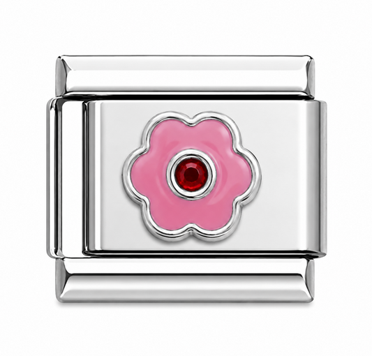 Pink Flower Italian Charm with Red Center