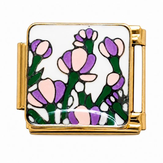 Purple Flower Bouquet on White Background Gold Italian Charm