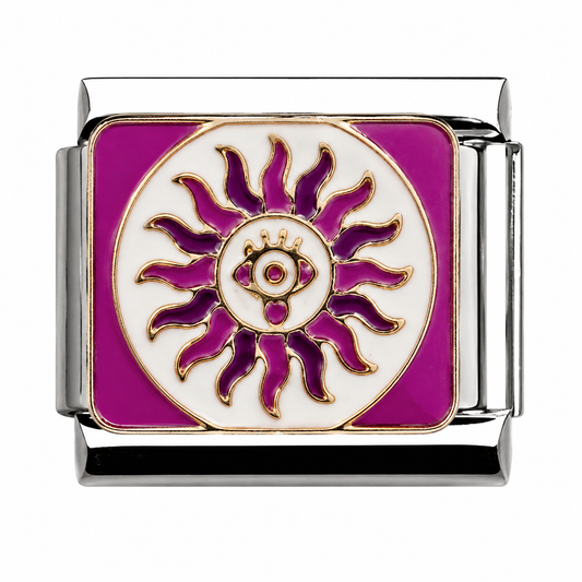 Radiant Sun Face with Purple Enamel Silver Italian Charm