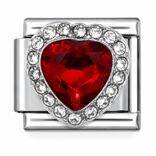 Red Heart Gem with Rhinestone Border Italian Charm