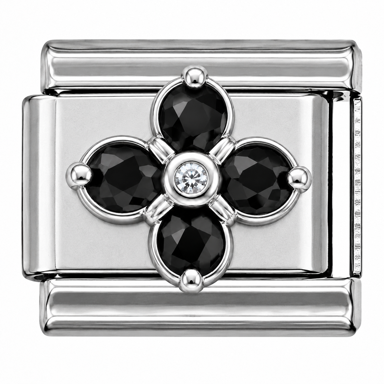 Black Crystal Flower Silver Italian Charm