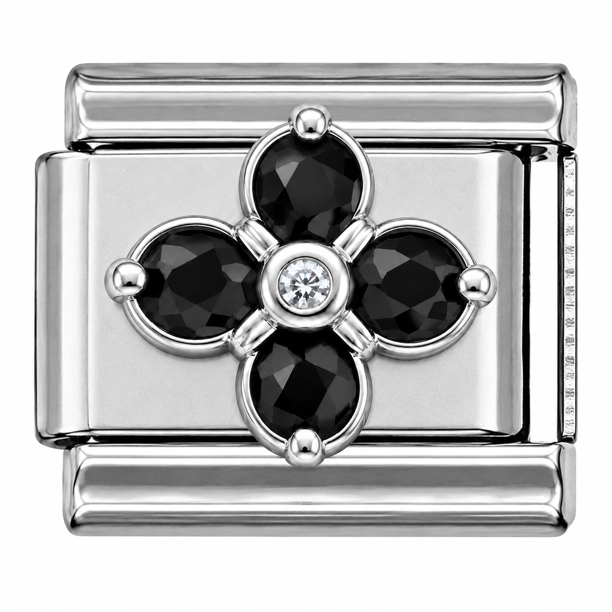 Black Crystal Flower Silver Italian Charm