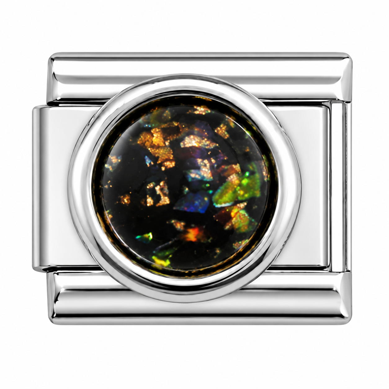 Black Iridescent Foil Round Silver Italian Charm