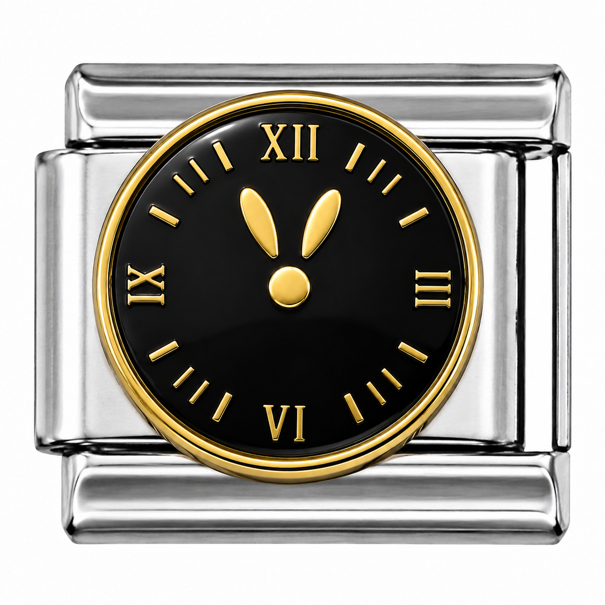 Black Roman Numeral Clock Face Two-Tone Silver Italian Charm
