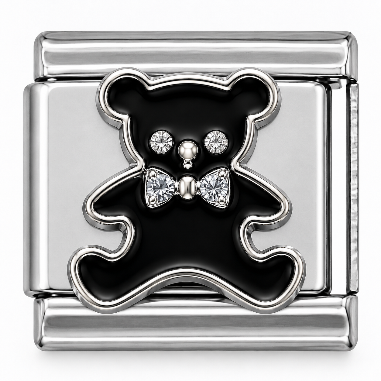 Black Teddy Bear Crystal Silver Italian Charm