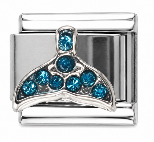 Blue Crystal Whale Tail Silver Italian Charm