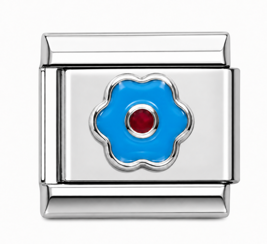 Blue Flower Italian Charm with Red Center