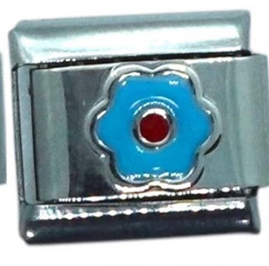 Blue Flower Italian Charm with Red Center