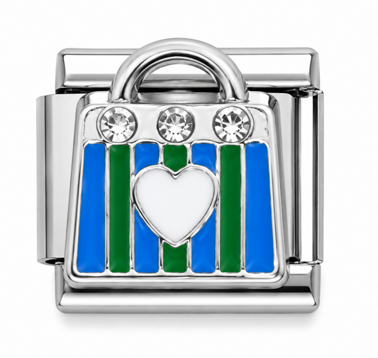 Blue & Green Striped Handbag with Heart Italian Charm