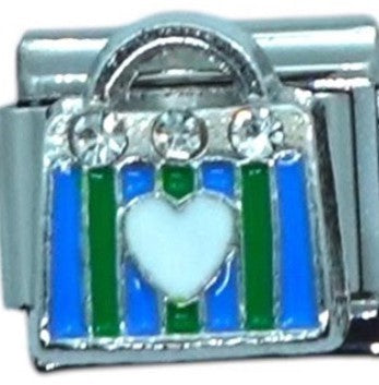 Blue & Green Striped Handbag with Heart Italian Charm