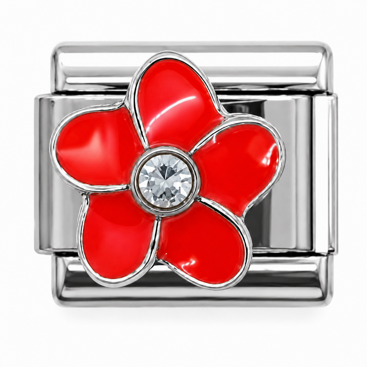 Red Flower Italian Charm with Rhinestone Center