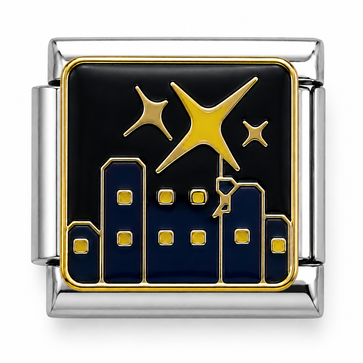 Night City Skyline and Golden Stars Two-Tone Silver Italian Charm