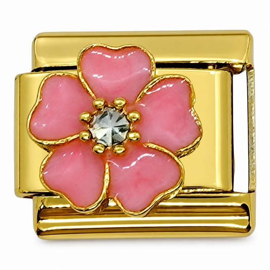 Pink Raised Flower Gold Italian Charm