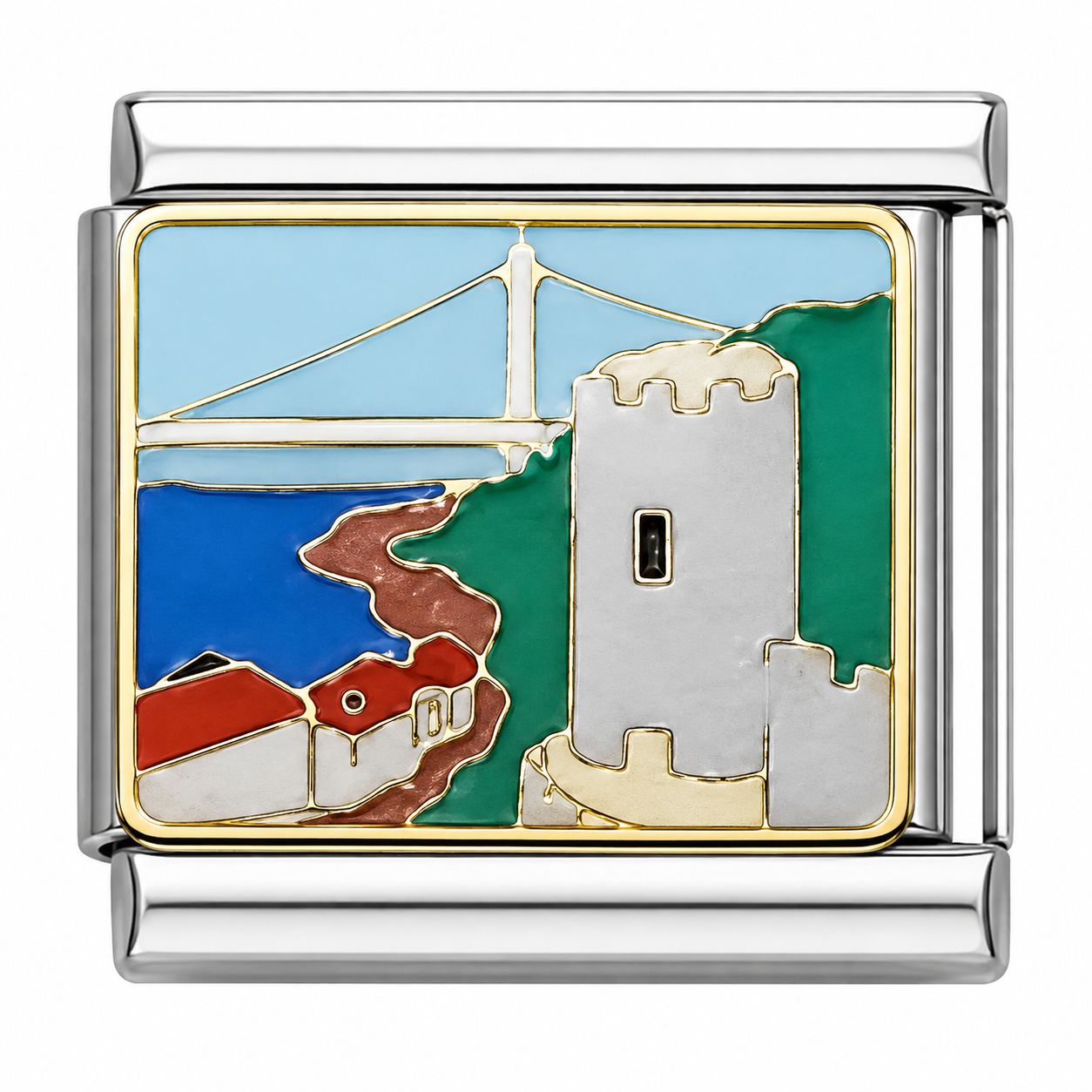 Coastal Castle and Bridge Silver Italian Charm