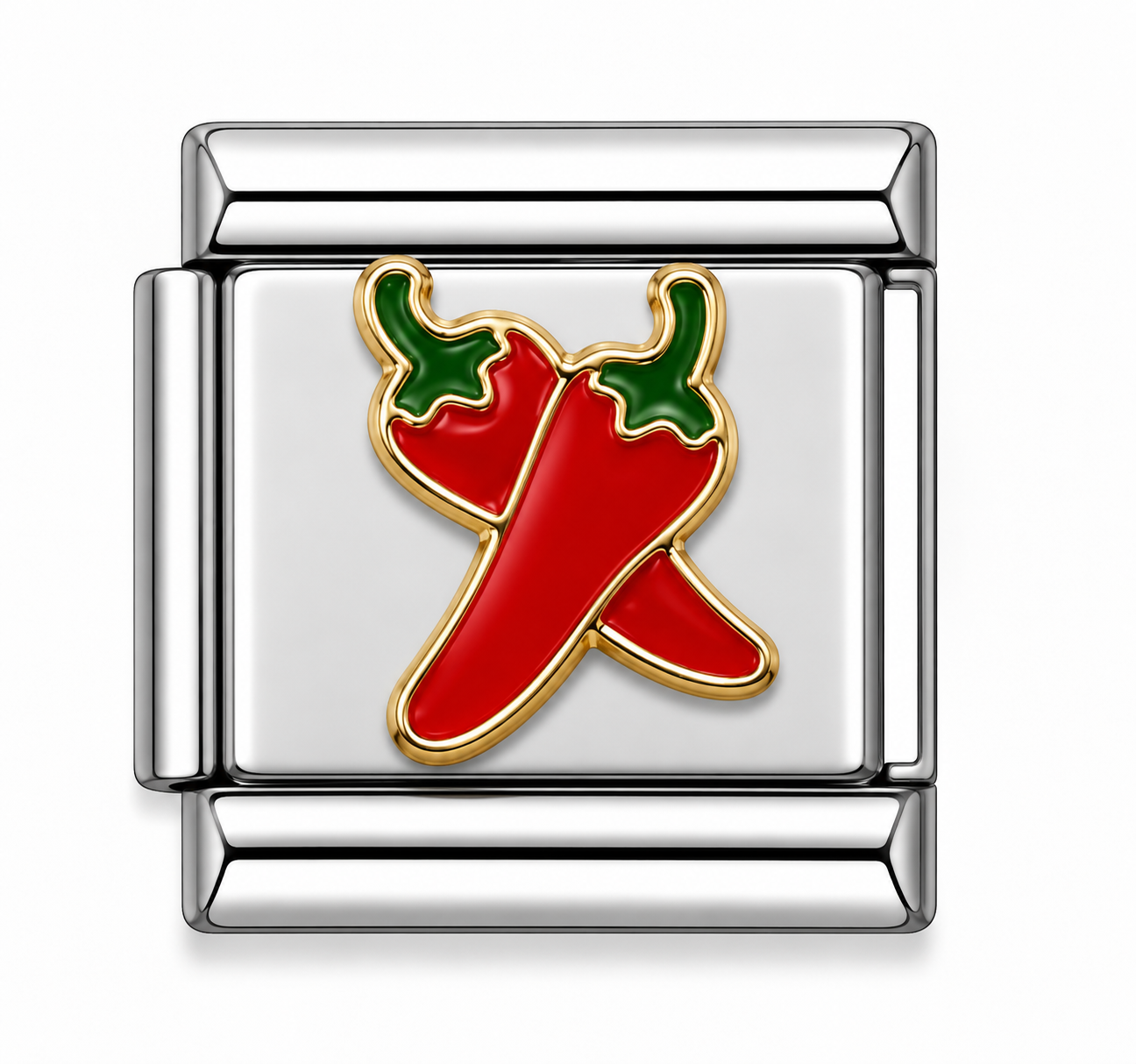 Crossed Red Chili Peppers Two Tone Silver Italian Charm