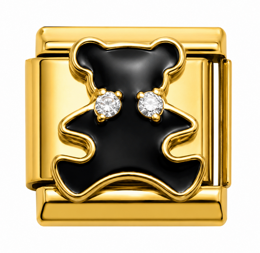 Crystal Eyes Black Teddy Bear Gold Italian Charm