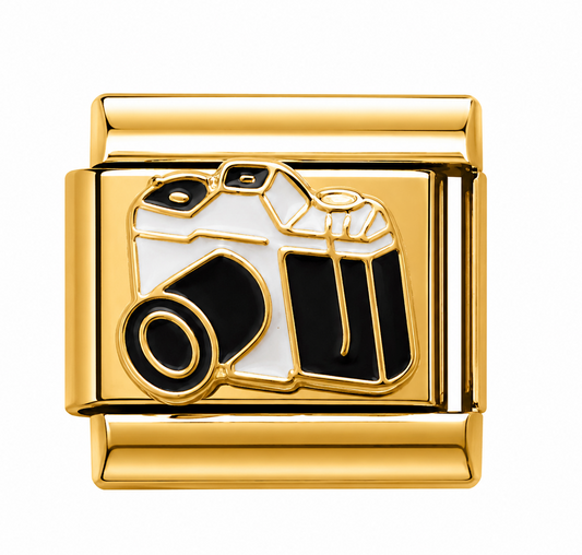 Black and White Camera Gold Italian Charm