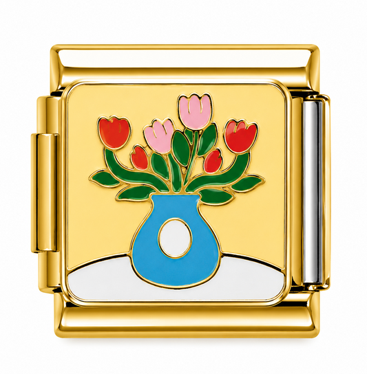 Tulip Bouquet in Blue Vase Gold Italian Charm