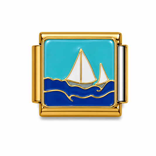 Sailboats on Blue Waves Gold Italian Charm