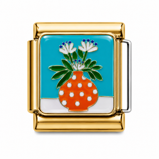 White Flower Polka Dot Vase Gold Italian Charm