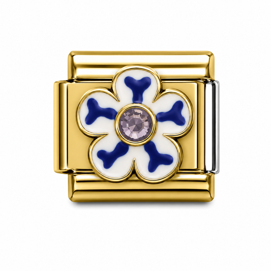 Blue and White Crystal Flower Gold Italian Charm