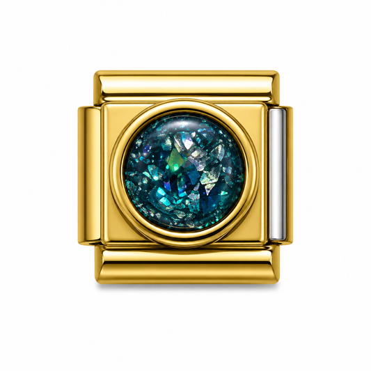Teal Iridescent Glitter Cabochon Gold Italian Charm