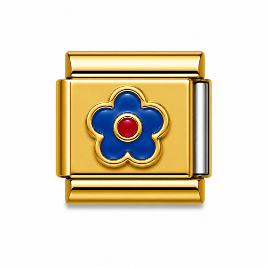 Blue Flower Red Centre Gold Italian Charm