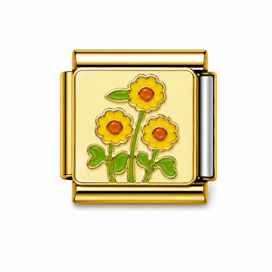 Three Yellow Flowers Gold Italian Charm